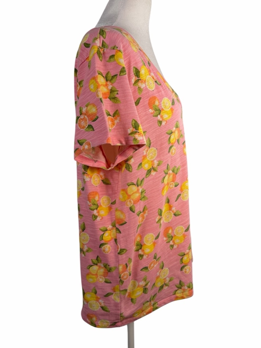 Talbots Pink Citrus Fruit Print Cotton V-Neck Tee - Size XL - Lemons & Oranges - Picture 2 of 8